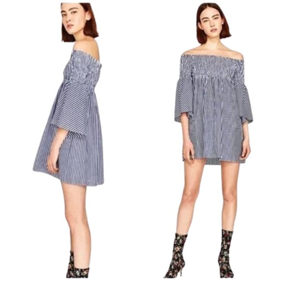 Zara Dresses & Skirts - Zara Smocked Dress Bell Sleeve Blue White Striped Casual Dress S